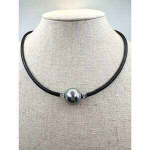 Majorica 925 sterling 1890 leather cord 13.6mm pearl Necklace 18”